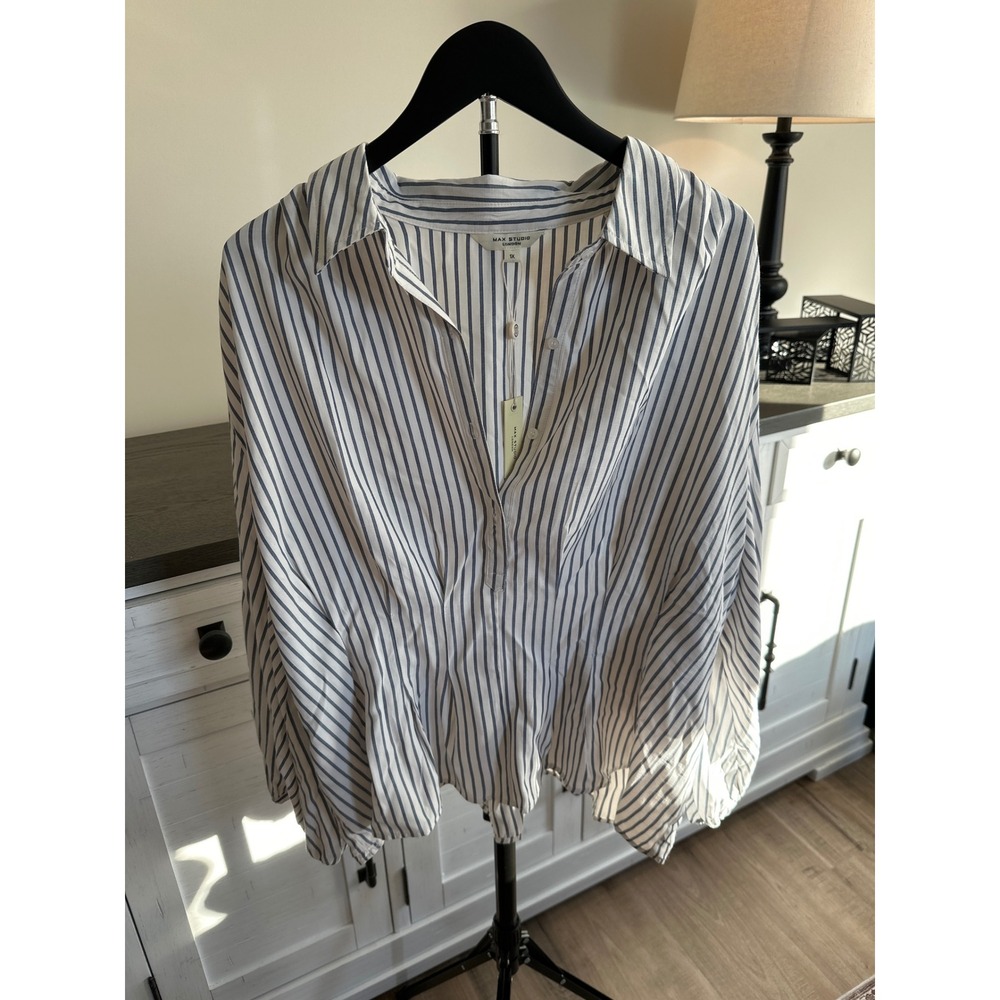 NEW Max Studio London Women 1X Blue White Striped Peplum Blouse Balloon Sleeve